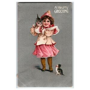 Vintage 1910 Christmas Postcard Girl with Cats Hearty Greeting